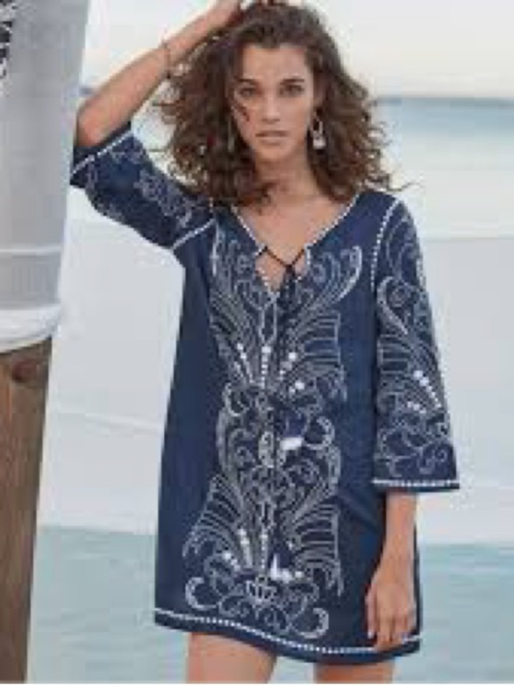 Sundance Navy and White Embroidered Swim Coverup Tunic